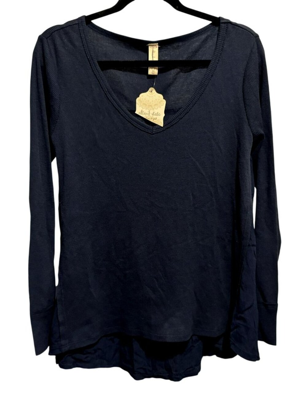 Altar'd State Black V-Neck Mini Rib Long Sleeve Hi-Low Top Tee Sz XS Goth NEW